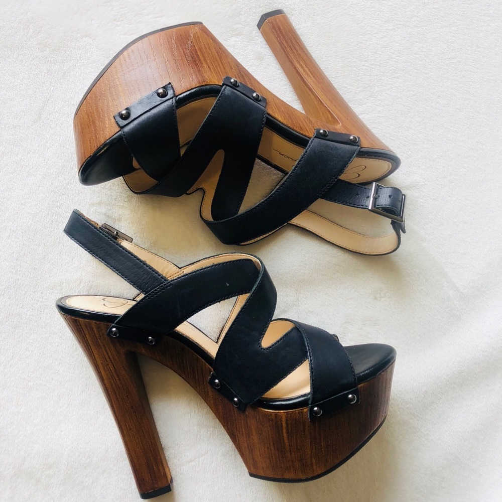 Jessica Simpson Black Leather & Wood Platform Sandals